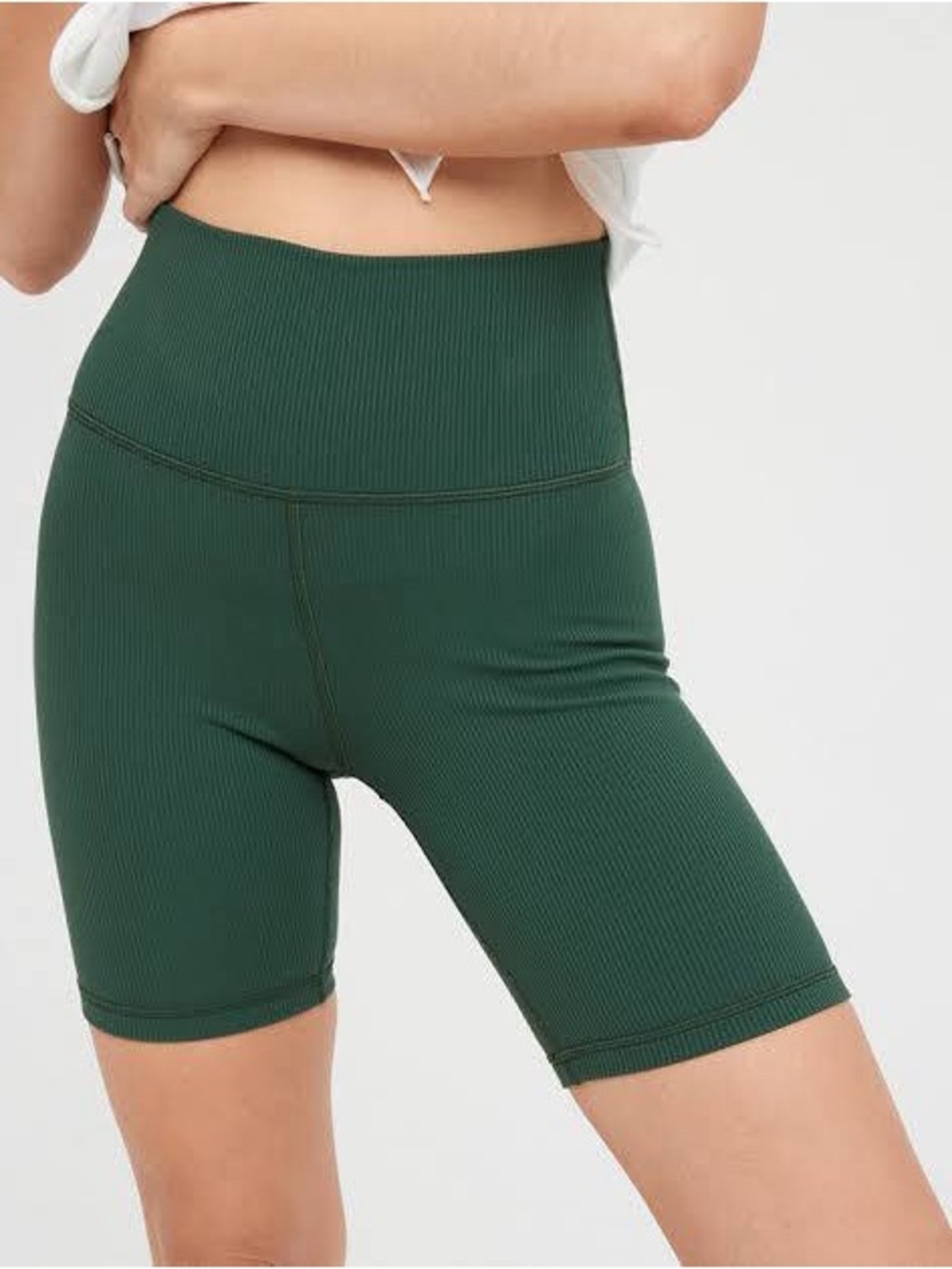 Aerin Ribbed High-Waist Bike Shorts in Forest Green